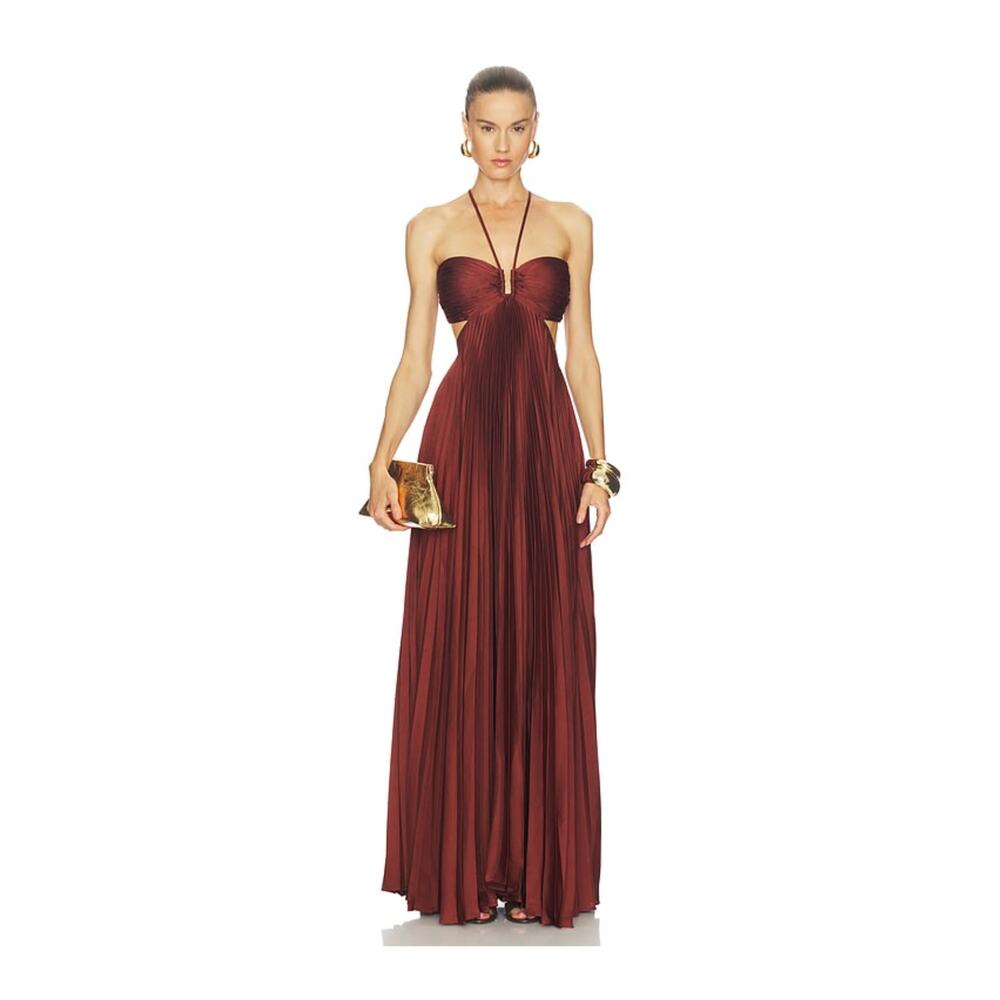 ALC Moira Satin Pleated Maxi Dress Rust